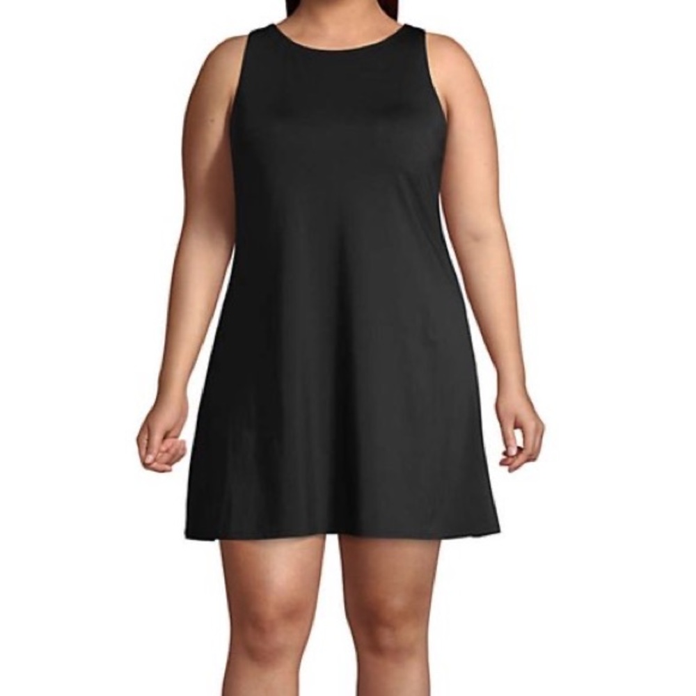 Lands End Racerback Swim Dress 16 Black Dresskini Tankini Top